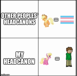 Size: 503x496 | Tagged: safe, artist:thebosscamacho, derpibooru import, editor:professorventurer, applejack, lily, lily valley, human, g4, edd gould (eddsworld), eddsworld, english, female, headcanon, imgflip, male, mare, meme, pride, pride flag, smiling, text, transgender, transgender pride flag