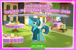 Size: 1952x1301 | Tagged: safe, derpibooru import, idw, earth pony, pony, g4, advertisement, clothes, english, facial hair, gameloft, goatee, idw showified, jacket, male, mobile game, my little pony: magic princess, numbers, sideburns, solo, stallion, text, unnamed character, unnamed pony