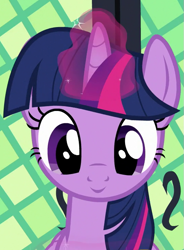 Size: 537x730 | Tagged: safe, derpibooru import, edit, edited screencap, editor:twilyisbestpone, screencap, twilight sparkle, twilight sparkle (alicorn), alicorn, pony, g4, once upon a zeppelin, season 7, cropped, female, glowing, glowing horn, horn, inverted mouth, magic, magic aura, mare, smiling, solo, twilight's castle