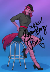 Size: 700x1000 | Tagged: safe, derpibooru import, berry punch, berryshine, anthro, plantigrade anthro, g4, barstool, beret, blue background, commission, female, fishnet stockings, gradient background, hat, high heels, lauren bacall, looking offscreen, pinup, pose, purple background, shadow, shoes, signature, simple background, solo, starlet