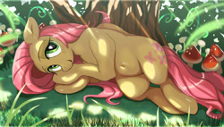 Size: 3508x1996 | Tagged: safe, artist:neoshrek, derpibooru import, fluttershy, pegasus, pony, g4, bedroom eyes, belly button, crepuscular rays, cute, daaaaaaaaaaaw, ears, female, floppy ears, folded wings, grass, high res, looking at you, lying down, mare, mushroom, on side, open mouth, open smile, shyabetes, smiling, smiling at you, solo, tree, wings
