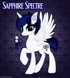 Size: 2000x2240 | Tagged: safe, artist:lovinglypromise, derpibooru import, oc, oc:sapphire spectre, alicorn, pony, female, mare, reference sheet, solo