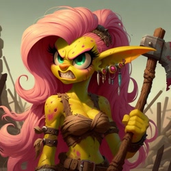 Size: 1024x1024 | Tagged: safe, ai content, derpibooru import, generator:dall-e 3, machine learning generated, fluttershy, anthro, goblin, g4, angry, axe, ear piercing, earring, female, jewelry, piercing, prompter:morishy1000, showing teeth, solo, species swap, weapon