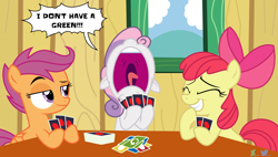 Size: 6600x3749 | Tagged: safe, artist:kuren247, derpibooru import, apple bloom, scootaloo, sweetie belle, earth pony, pegasus, pony, unicorn, g4, background, card, card game, clubhouse, cocky, crusaders clubhouse, cutie mark crusaders, deck of cards, female, filly, foal, giggling, laughing, ninja, open mouth, parody, screaming, show accurate, smiling, smirk, smug, speech bubble, sweetie yelle, table, text, treehouse, uno, yelling