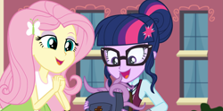 Size: 2151x1071 | Tagged: safe, derpibooru import, edit, edited screencap, screencap, fluttershy, sci-twi, spike, twilight sparkle, human, equestria girls, friendship games, g4, backpack, bare shoulders, canterlot high, clothes, composite screencap, crystal prep academy uniform, female, glasses, hair bun, hairpin, implied spike, outdoors, school uniform, skirt, sleeveless, smiling, species swap, tanktop, tentacle monster, tentacles