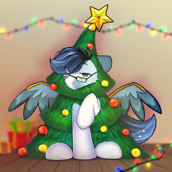 Size: 3000x3000 | Tagged: safe, artist:o0o-bittersweet-o0o, derpibooru import, oc, oc only, oc:soaring spirit, pegasus, pony, armor, christmas, christmas lights, christmas tree, coat markings, colored wings, eye clipping through hair, facial markings, glasses, holiday, indoors, looking at you, male, multicolored hair, multicolored mane, present, raffle prize, raised leg, sitting, smiling, spread wings, stallion, tree, two toned wings, wing armor, wing brace, wings