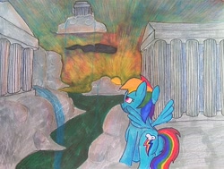 Size: 3492x2641 | Tagged: safe, artist:dhm, derpibooru import, rainbow dash, pegasus, pony, g4, classical architecture, cloud, cloudsdale, colored pencil drawing, flying, from behind, horizon, marker drawing, mixed media, pen drawing, silhouette, sky, sunrise, sunset, traditional art, water, waterfall