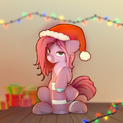 Size: 3000x3000 | Tagged: safe, artist:o0o-bittersweet-o0o, derpibooru import, oc, oc only, earth pony, pony, christmas, christmas lights, eye clipping through hair, female, hat, holiday, indoors, looking at you, mare, present, raised leg, santa hat, sitting, smiling