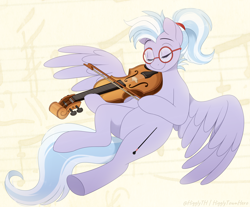 Size: 1500x1239 | Tagged: safe, artist:higglytownhero, derpibooru import, oc, oc only, oc:marcata maestoso, pegasus, pony, eyes closed, female, flying, glasses, hair tie, musical instrument, ponytail, smiling, solo, spread wings, violin, wings