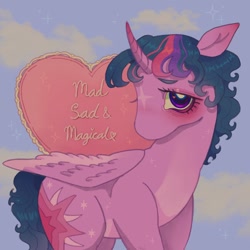 Size: 1440x1440 | Tagged: safe, artist:ariariari.png, derpibooru import, twilight sparkle, twilight sparkle (alicorn), alicorn, pony, g4, alternate hairstyle, bags under eyes, cloud, female, folded wings, heart, heart eyes, horn, mare, sad, sky, solo, sparkles, text, wingding eyes, wings