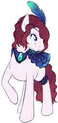 Size: 552x1160 | Tagged: safe, artist:pawprintstars, derpibooru import, oc, oc only, oc:madame gateau, earth pony, pony, beauty mark, clothes, dress, eyepatch, feather, feather in hair, female, garter, hair over one eye, lidded eyes, mare, simple background, smiling, solo, white background