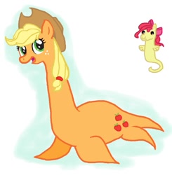 Size: 599x610 | Tagged: safe, artist:systema, derpibooru import, apple bloom, applejack, seahorse, g4, apple sisters, plesiosaur, race swap, siblings, simple background, sisters, species swap, white background