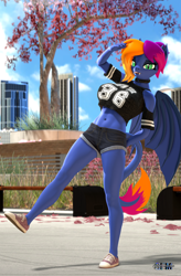 Size: 1080x1648 | Tagged: safe, artist:anthroponiessfm, derpibooru import, oc, oc:layla horizon, anthro, bat pony, 3d, anthro oc, bat pony oc, clothes, collar, converse, cute, fangs, female, looking at you, park, shoes, short shirt, shorts, source filmmaker