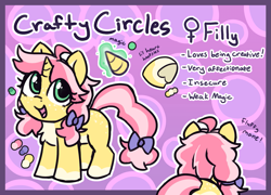 Size: 1601x1150 | Tagged: safe, artist:rivibaes, derpibooru import, oc, oc only, oc:crafty circles, pony, unicorn, bow, cute, female, filly, foal, hair bow, hoof heart, magic, magic glow, open mouth, reference sheet, smiling, solo, underhoof