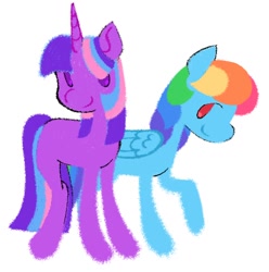 Size: 1356x1366 | Tagged: safe, artist:partyponypower, derpibooru import, rainbow dash, twilight sparkle, unicorn twilight, pegasus, pony, unicorn, g4, blue coat, duo, horn, multicolored hair, purple coat, rainbow hair, simple background, smiling, white background, wings