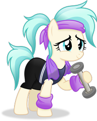 Size: 3439x4301 | Tagged: safe, artist:anime-equestria, derpibooru import, coco pommel, earth pony, g4, alternate hairstyle, clothes, female, headband, leg warmers, mare, ponytail, shorts, simple background, smiling, solo, towel, transparent background, vector