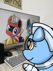 Size: 828x1103 | Tagged: safe, artist:foxfer64_yt, derpibooru import, oc, oc only, oc:silverstream (robot pony), oc:trackhead, mouse, pony, robot, robot pony, computer, house, indoors, irl, keyboard, looking at something, photo