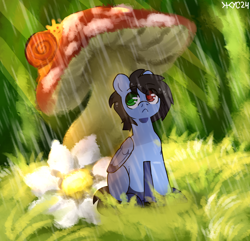 Size: 2244x2160 | Tagged: safe, artist:juiss, derpibooru import, oc, oc only, oc:glorious shark, pegasus, pony, flower, heterochromia, micro, mushroom, pegasus oc, rain, sitting, snail, solo, toadstool