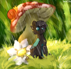 Size: 2244x2160 | Tagged: safe, artist:juiss, derpibooru import, oc, oc only, changeling, original species, pony, flower, micro, mushroom, rain, sitting, snail, solo