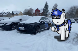 Size: 1105x723 | Tagged: safe, artist:foxfer64_yt, derpibooru import, oc, oc only, oc:shy white, pegasus, pony, car, commission, ice, looking at something, parking lot, photo, snow, solo, unamused