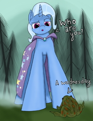 Size: 1372x1795 | Tagged: safe, artist:derpy_fan, derpibooru exclusive, derpibooru import, trixie, frog, pony, unicorn, g4, brooch, cape, clothes, female, jewelry, mare, size difference, solo, trixie's cape