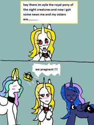 Size: 1071x1422 | Tagged: safe, derpibooru import, princess celestia, princess luna, oc, alicorn, pony, undead, vampire, vampony, ask, pregnant, tumblr