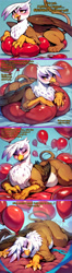 Size: 2000x7574 | Tagged: safe, ai content, artist:rupert, derpibooru import, generator:pony diffusion v6 xl, generator:stable diffusion, machine learning assisted, gilda, griffon, series:ask white belly gilda, g4, ask, balloon, balloon fetish, blushing, chubby, eyes closed, female, fetish, happy, high res, lying down, pale belly, party balloon, plump, prompter:rupert, prone, purring, solo, squishy, that griffon sure does love balloons, tumblr, white belly