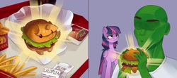 Size: 1432x633 | Tagged: safe, artist:laloplya, derpibooru import, twilight sparkle, twilight sparkle (alicorn), oc, oc:anon, alicorn, food pony, human, original species, pony, burger, chicken meat, chicken nugget, duo, duo male and female, female, food, french fries, frown, male, mare, meat, ponified, smiling, species swap, twilight burgkle, twilight sparkle is not amused, unamused