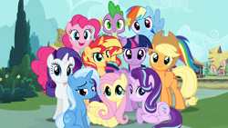 Size: 1280x720 | Tagged: safe, artist:dilemmas4u, artist:tylerajohnson352, derpibooru import, applejack, fluttershy, pinkie pie, rainbow dash, rarity, spike, starlight glimmer, sunset shimmer, trixie, twilight sparkle, twilight sparkle (alicorn), alicorn, dragon, earth pony, pegasus, pony, unicorn, g4, female, magical quartet, magical trio, mane seven, mane six, mane ten, mare, train station, train tracks