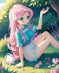 Size: 624x768 | Tagged: source needed, safe, ai content, derpibooru import, machine learning generated, fluttershy, butterfly, human, rabbit, equestria girls, animal, breasts, clothes, female, hootershy, human coloration, nature, prompter needed, sitting, skirt, solo