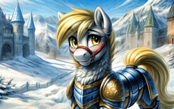 Size: 6464x4032 | Tagged: safe, ai content, anonymous artist, derpibooru import, generator:easyfluff v11.2, generator:stable diffusion, machine learning generated, derpy hooves, earth pony, pony, g4, absurd file size, absurd resolution, armor, armored pony, blonde, blonde mane, blonde tail, blushing, bridle, castle, chest fluff, detailed, detailed background, ear fluff, ears, female, feral, fluffy, golden eyes, harness, looking at you, mare, medieval, png, quadrupedal, race swap, smiling, smiling at you, snow, solo, tack, tail