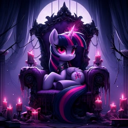 Size: 1024x1024 | Tagged: source needed, safe, ai content, derpibooru import, generator:dall-e 3, machine learning generated, twilight sparkle, twilight sparkle (alicorn), alicorn, g4, candle, corrupted, corrupted twilight sparkle, female, mare, prompter needed, solo, throne