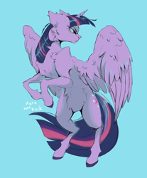 Size: 2290x2760 | Tagged: safe, artist:hard817, derpibooru import, twilight sparkle, twilight sparkle (alicorn), alicorn, pony, g4, angry, belly fluff, blue background, cheek fluff, ears back, female, head turn, high res, mare, rearing, simple background, solo