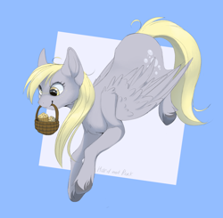 Size: 1996x1958 | Tagged: safe, artist:hard817, derpibooru import, derpy hooves, pegasus, pony, g4, basket, blue background, cute, derpabetes, female, food, mare, mouth hold, muffin, simple background, solo, unshorn fetlocks