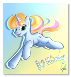 Size: 952x1024 | Tagged: safe, artist:lydia, derpibooru import, oc, oc only, oc:windy／painting heart, pony, unicorn, eye clipping through hair, female, gradient background, happy, looking at you, mare, open mouth, open smile, smiling, solo