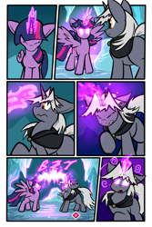 Size: 1567x2351 | Tagged: safe, artist:virmir, derpibooru import, twilight sparkle, twilight sparkle (alicorn), oc, oc:virmare, alicorn, pony, unicorn, comic:so you've become a pony villain, g4, butt, castle, comic, dizzy, drool, ears, floppy ears, glowing, glowing eyes, glowing horn, gritted teeth, horn, ice, onomatopoeia, plot, purple magic, sound effects, sparkles, spread wings, teeth, wavy mouth, wings