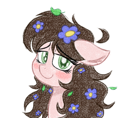 Size: 2674x2482 | Tagged: safe, artist:juniverse, derpibooru import, oc, oc only, earth pony, pony, blushing, female, flower, flower in hair, green eyes, high res, long hair, mare, ponysona, simple background, solo, white background