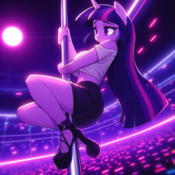 Size: 1024x1024 | Tagged: safe, ai content, derpibooru import, machine learning generated, twilight sparkle, unicorn twilight, anthro, unicorn, g4, adorasexy, ashamed, bare shoulders, breasts, butt, clothes, club, cute, disco ball, female, headlight sparkle, high heels, holding, lights, looking down, midair, midriff, nervous, no tail, prompter:horselover fat, sad, sadorable, sexy, shoes, short shirt, shorts, sideboob, solo, straddling, strip club, stripper, stripper pole, stupid sexy twilight, suspended, sweat, sweatdrop, tight clothing, unsure, white shirt