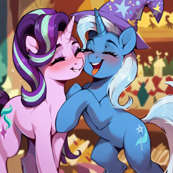 Size: 1024x1024 | Tagged: safe, ai content, derpibooru import, generator:pony diffusion v6 xl, generator:purplesmart.ai, generator:stable diffusion, machine learning generated, starlight glimmer, trixie, pony, unicorn, g4, blushing, cheek to cheek, clothes, duo, duo female, eyes closed, female, happy, hat, lesbian, mare, prompter:chomp country, shipping, smiling, startrix, tongue, tongue out, trixie's hat