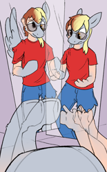 Size: 1632x2628 | Tagged: safe, artist:vanillayote, derpibooru import, derpy hooves, human, pegasus, pony, double vision, glasses, hand, high res, hooves, human to pony, mid-transformation, mirror, offscreen character, pov, reflection, species swap, transformation, wavy mouth