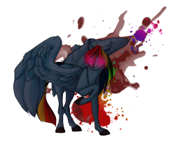 Size: 900x750 | Tagged: safe, artist:creepyfantasies, derpibooru import, rainbow dash, pegasus, pony, fanfic:rainbow factory, blood, fanfic art, glowing, glowing horn, horn, rainbow factory dash, raised hoof, raised leg, simple background, solo, spread wings, transparent background, unshorn fetlocks, wings