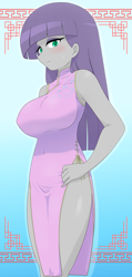 Size: 2614x5500 | Tagged: safe, alternate version, artist:batipin, derpibooru import, maud pie, human, equestria girls, g4, big breasts, breasts, cheongsam, chinese dress, clothes, dress, female, gradient background, maud pies, multiple variants, side slit, solo, total sideslit