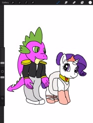 Size: 1620x2160 | Tagged: safe, artist:speeder152, derpibooru import, rarity, spike, dragon, pony, unicorn, alternate hairstyle, ballerina, ballet slippers, clothes, crown, dress, duo, female, fire ruby, gem, jewelry, male, mare, marriage, married couple, older, older spike, raririna, regalia, ruby, shipping, simple background, smiling, sparity, straight, suit, wedding, wedding dress, white background
