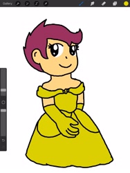 Size: 1620x2160 | Tagged: safe, artist:speeder152, derpibooru import, scootaloo, human, equestria girls, belle, clothes, cute, cutealoo, dress, evening gloves, female, gloves, gown, humanized, long gloves, princess scootaloo, simple background, smiling, solo, white background