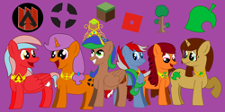 Size: 3000x1500 | Tagged: safe, artist:iamaveryrealperson, derpibooru import, earth pony, pegasus, pony, unicorn, g4, 2020, animal crossing, apex legends, big eyes, elements, female, folded wings, looking at someone, looking at something, mare, minecraft, ms paint, open mouth, ponified, purple background, raised hoof, raised leg, roblox, simple background, smiling, species swap, team fortress 2, teeth, terraria, wings