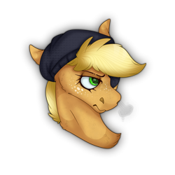 Size: 2300x2300 | Tagged: safe, artist:molars, derpibooru import, applejack, earth pony, bust, chest fluff, commission, demoman, ears back, eyepatch, fabric, freckles, green eyes, grumpy, hat, portrait, rendered, short mane, solo, team fortress 2