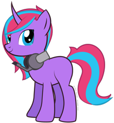 Size: 1938x2086 | Tagged: safe, artist:hazel bloons, derpibooru import, oc, oc only, unicorn, 2023, female, headphones, headset, heterochromia, looking at you, microphone, purple coat, signature, simple background, solo, standing, tail, transparent background, two toned mane, two toned tail