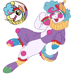 Size: 1000x1000 | Tagged: safe, artist:kazmuun, derpibooru import, idw, pony, beanbrows, cheek fluff, clothes, clown, clown makeup, ear fluff, ears, eyebrows, eyeshadow, golden eyes, hat, jumpsuit, makeup, male, one eye closed, open mouth, open smile, ponyacci, ruff (clothing), simple background, smiling, solo, stallion, transparent background, white background, wink