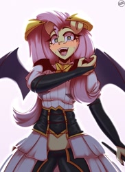 Size: 2000x2750 | Tagged: safe, artist:shadowreindeer, derpibooru import, fluttershy, anthro, bat pony, anime, bat ponified, blushing, clothes, cosplay, costume, crossover, flutterbat, gushing over magical girls, long nails, looking at you, open mouth, open smile, race swap, sadism, smiling, spread wings, sweat, utena hiiragi, wide eyes, wings