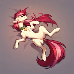 Size: 4096x4096 | Tagged: safe, ai content, derpibooru import, generator:purplesmart.ai, generator:stable diffusion, machine learning generated, roseluck, pony, behaving like a cat, collar, cute, eyes closed, fluffy, lying down, pet tag, pony pet, prompter:doom9454, rosepet